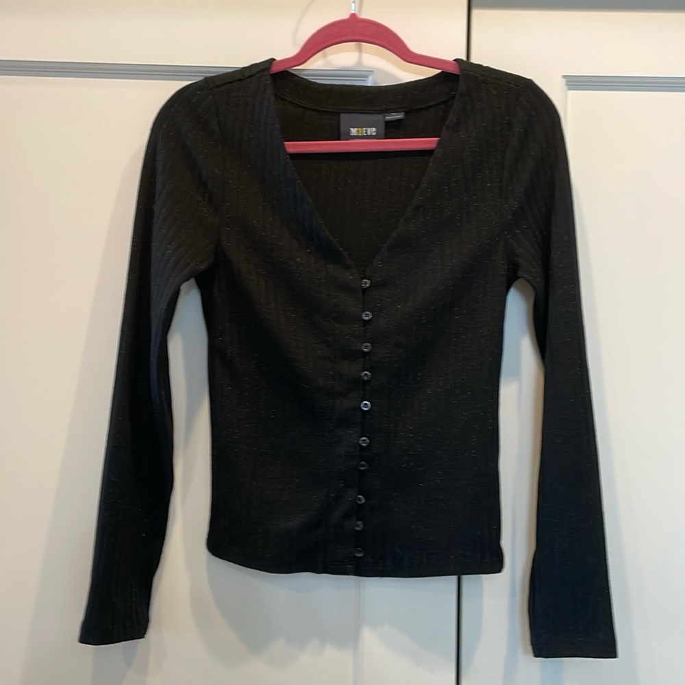 Maeve, small, V-neck, slight shimmer black, long sleeved, ribbed top